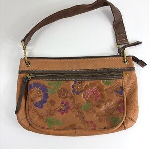 Fossil Tan Leather Shoulder Bag with Floral Design
